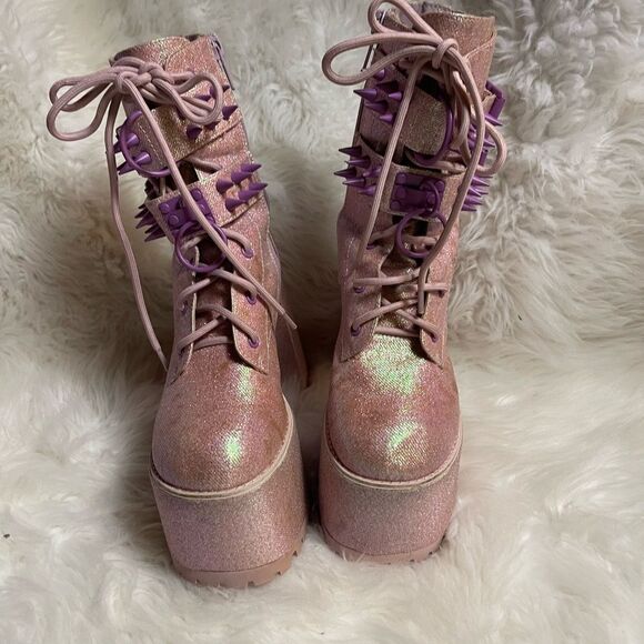 Sugar Thrillz Gothic Platform Pink Glitter lace upBoots  spikes accents SZ6 - Picture 3 of 13